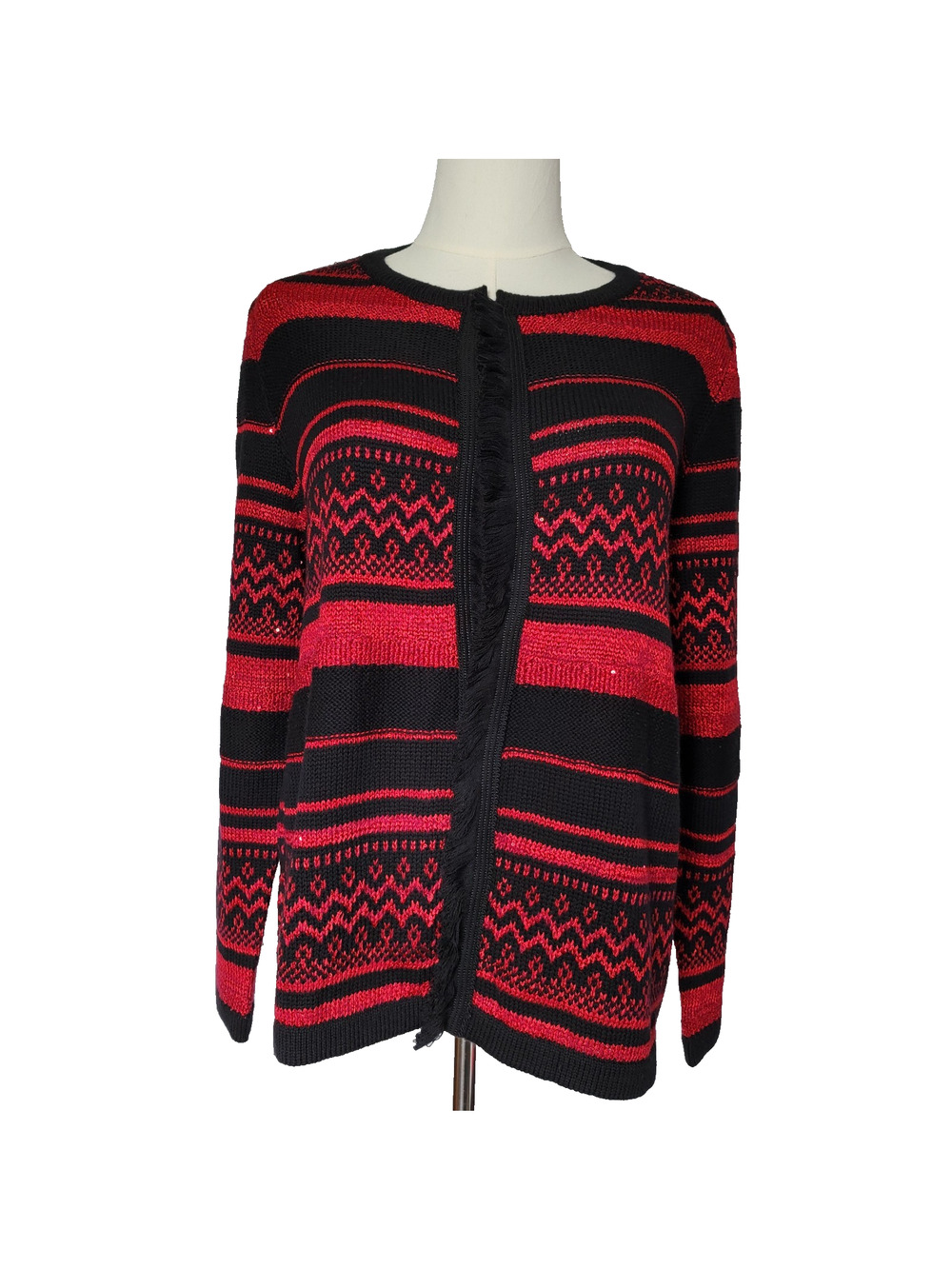 Chicos Cardigan Red Sequins Fringe Holidays Christmas Sz 1 (M) Office Festive